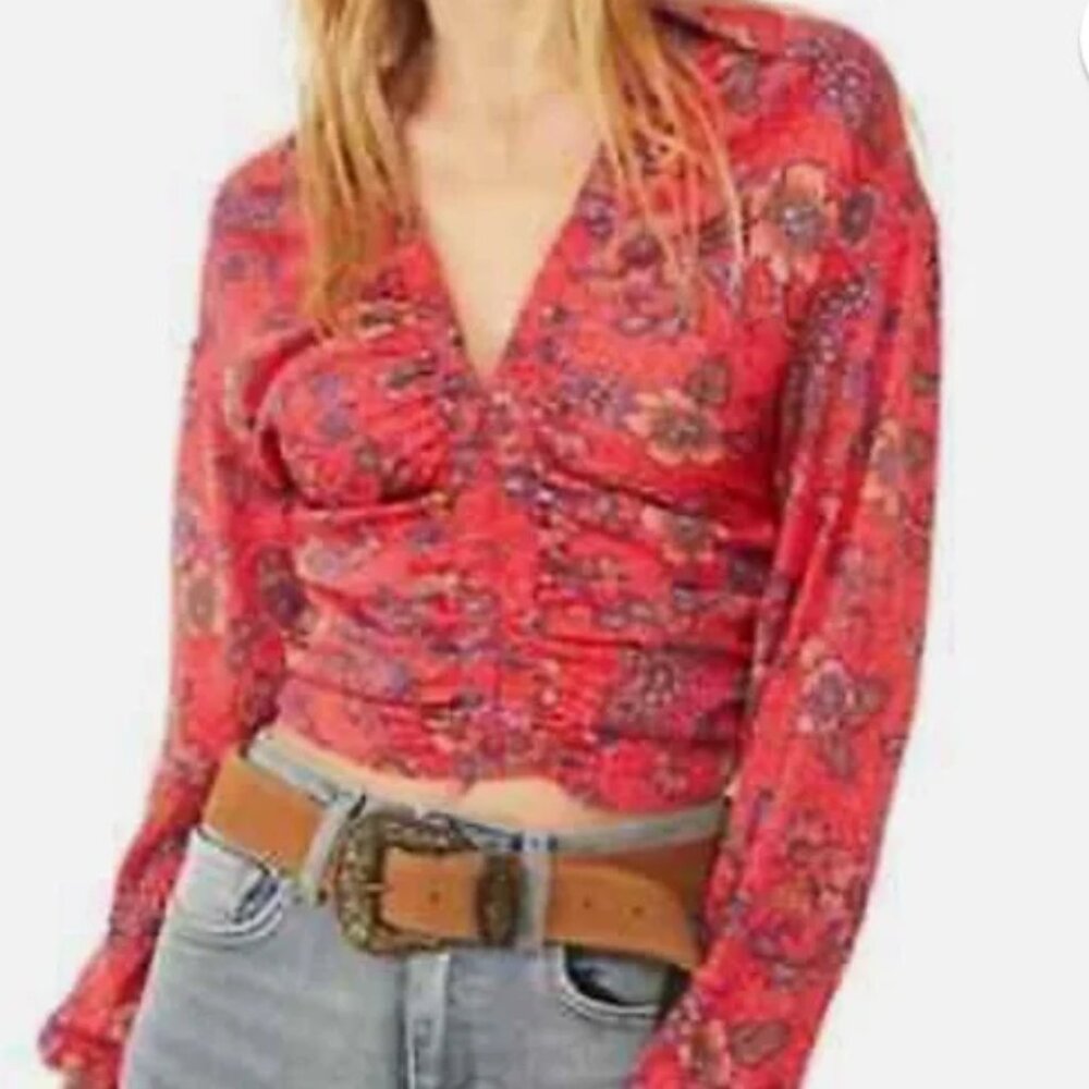 Free People Women's Red Floral Deep V-Neck‎ Long Sleeve Boho Ruched Blouse
